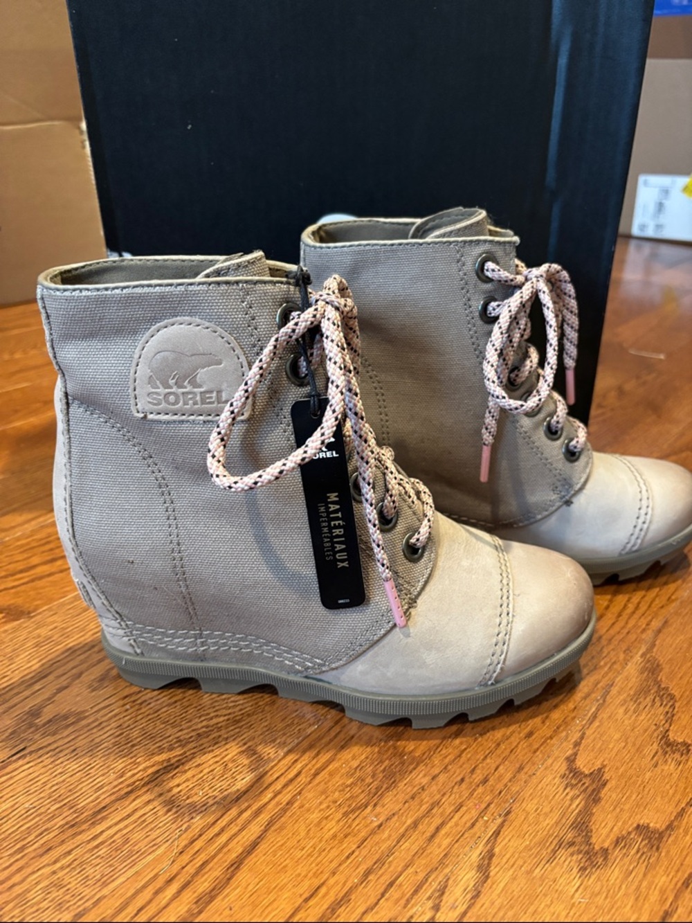 Sorel Taupe Lace-Up Women's wedge Boots with Pink Accents